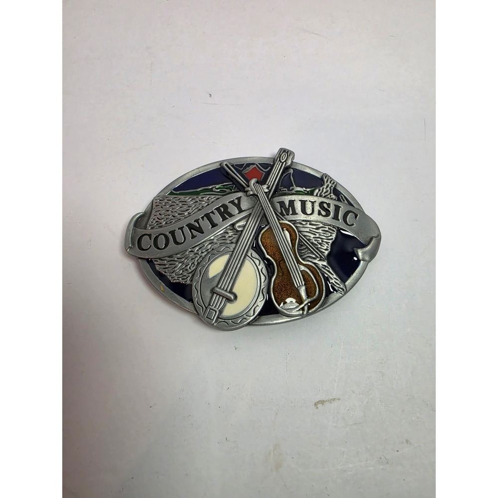 Country Music Banjo Fiddle Oval Belt Buckle Silver Tone Enamel Western Vintage